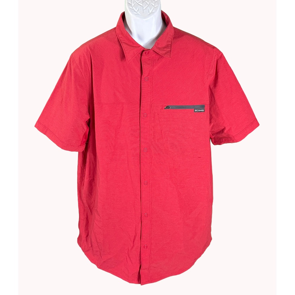 Columbia Button Front Shirt Mens XL Red Omni-Shade Short Sleeve Hiking Vent